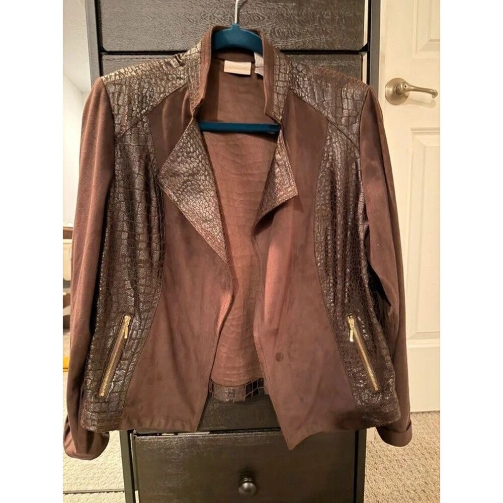 Chico's Brown Faux Suede & Faux Crocodile Open Front Jacket medium